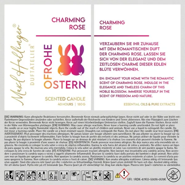 Frohe Ostern Häschen (Rosenduft) - Duftkerze, 40h Raumduft Sojawachs