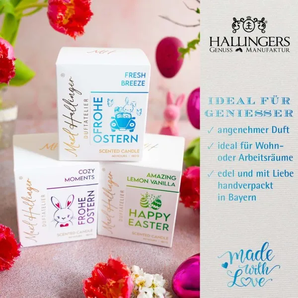 Frohe Ostern Hase liefert Eier (Fresh Breeze) - Duftkerze, 40h Raumduft Sojawachs
