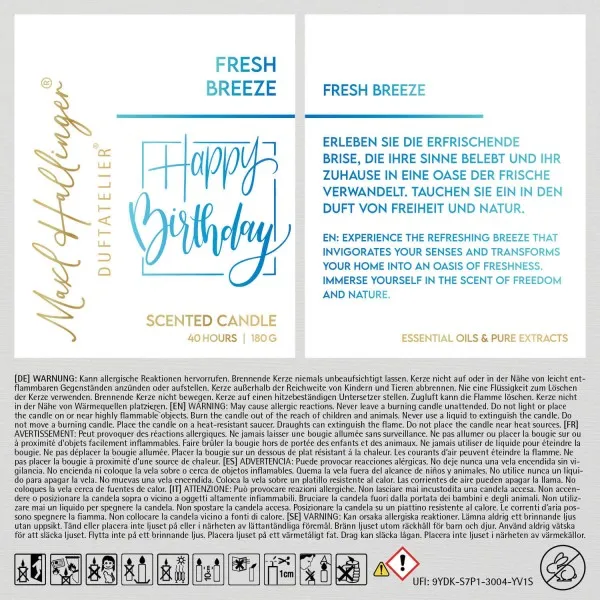 Happy Birthday blue (Fresh Breeze) - Duftkerze, 40h Raumduft Sojawachs