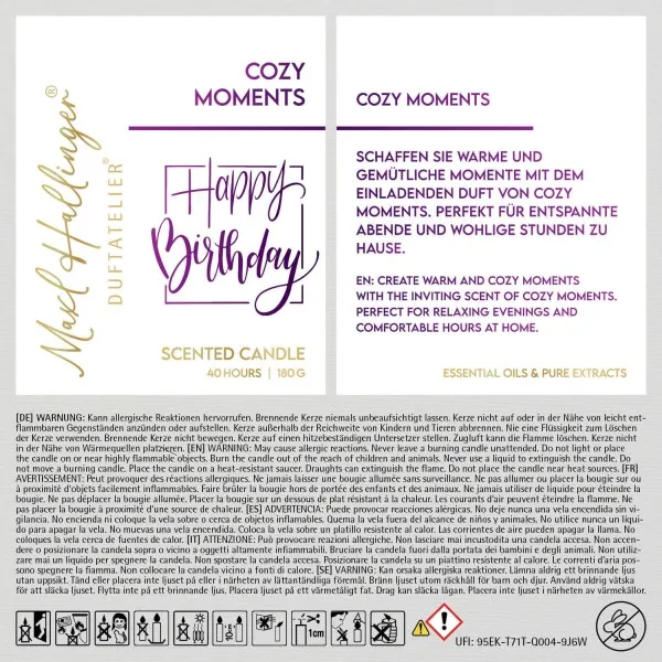Happy Birthday purple (Cozy Moments) - Duftkerze, 40h Raumduft Sojawachs