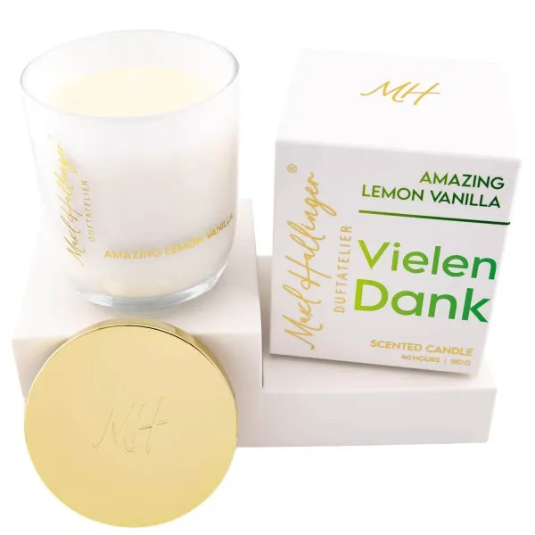 Vielen Dank (Lemon-Vanille) - Duftkerze, 40h Raumduft Sojawachs
