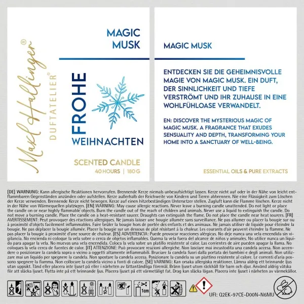 Frohe Weihnachten Glitzerschnee (Moschus) - Duftkerze, 40h Raumduft Sojawachs