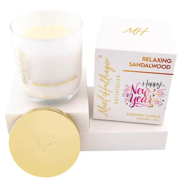 Happy New Year pink orange (Sandelholz) - Duftkerze, 40h Raumduft Sojawachs