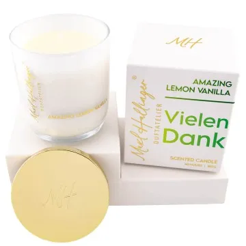 Vielen Dank (Lemon-Vanille) - Duftkerze, 40h Raumduft Sojawachs